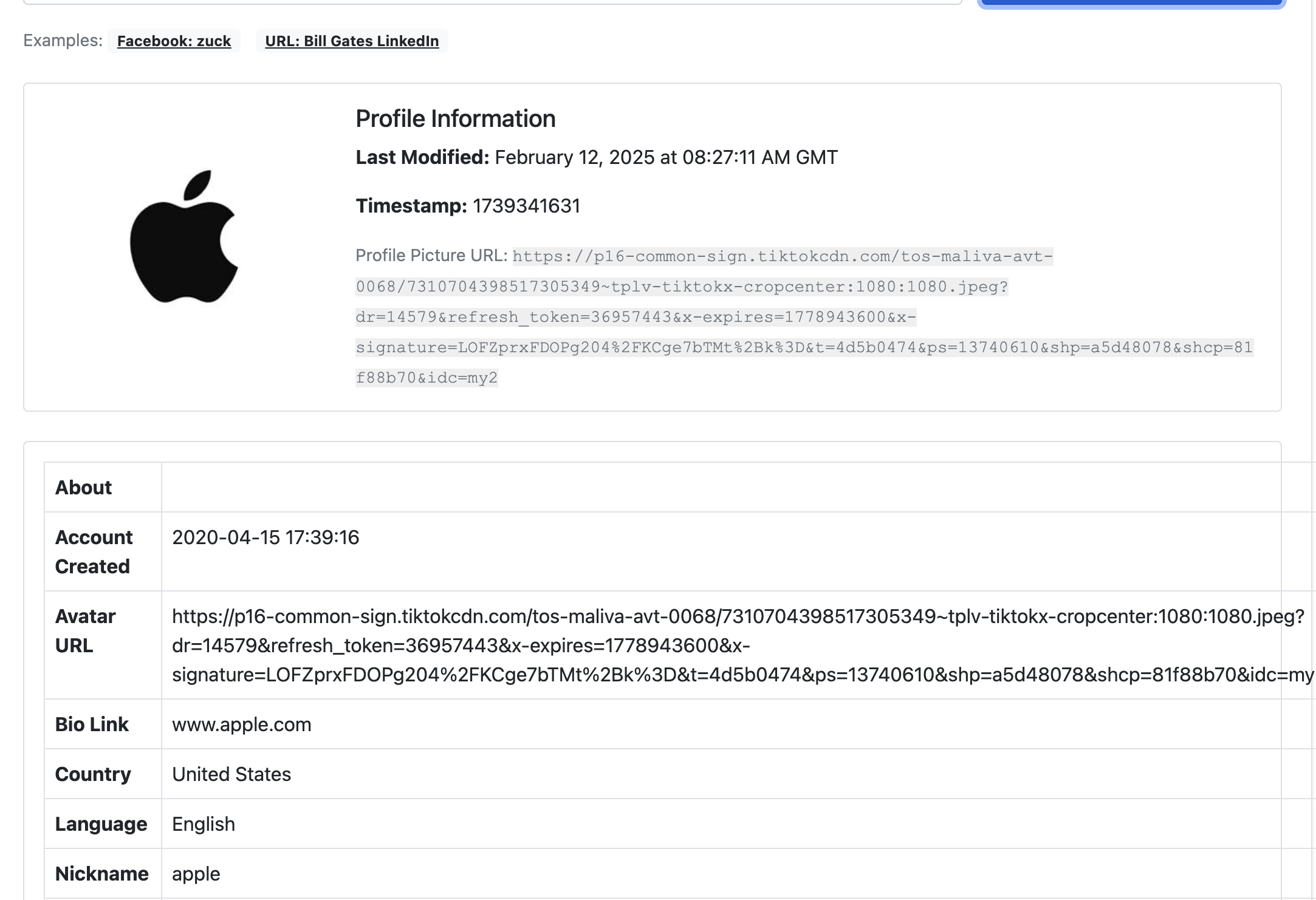Example of the account creation date and country